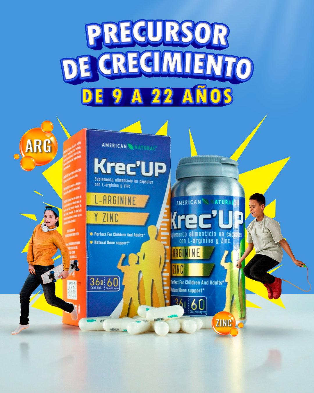 kRECE UP VITAMINAS DE CRECIMIENTO DE ALTURA PARA NIÑOS Y JOVENES DE 9 A 22 AÑOS