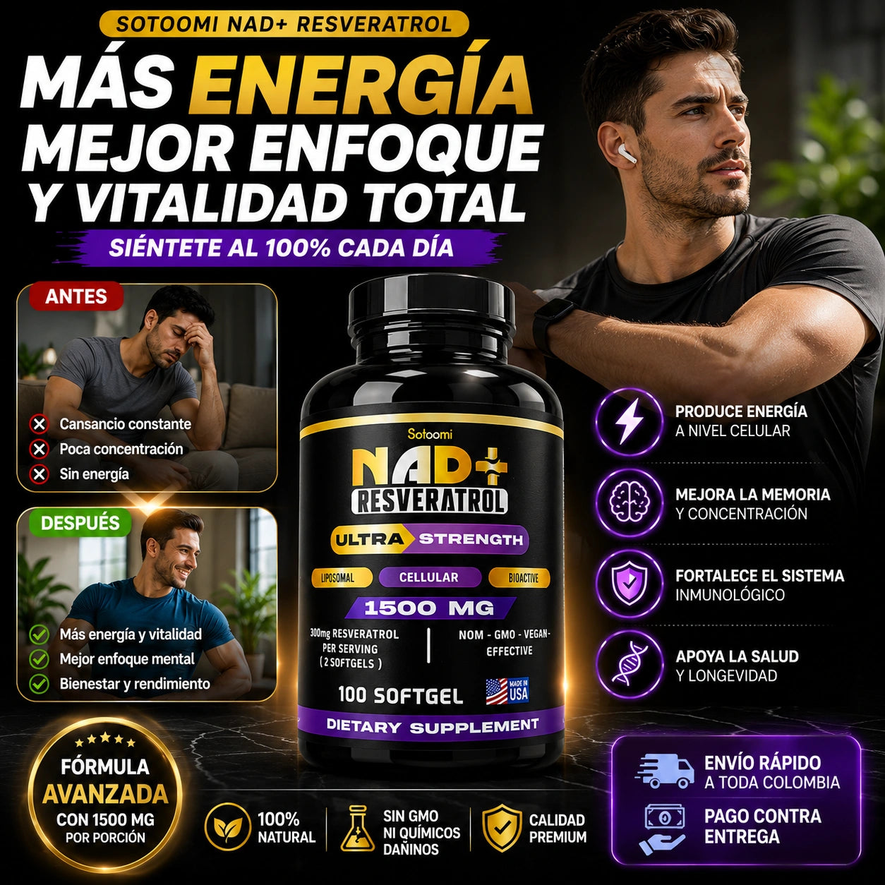 ✨ NAD+ RESVERATROL LONGEVITY ✨ ⚡ 1500MG X 100 SOFTGELS ⚡